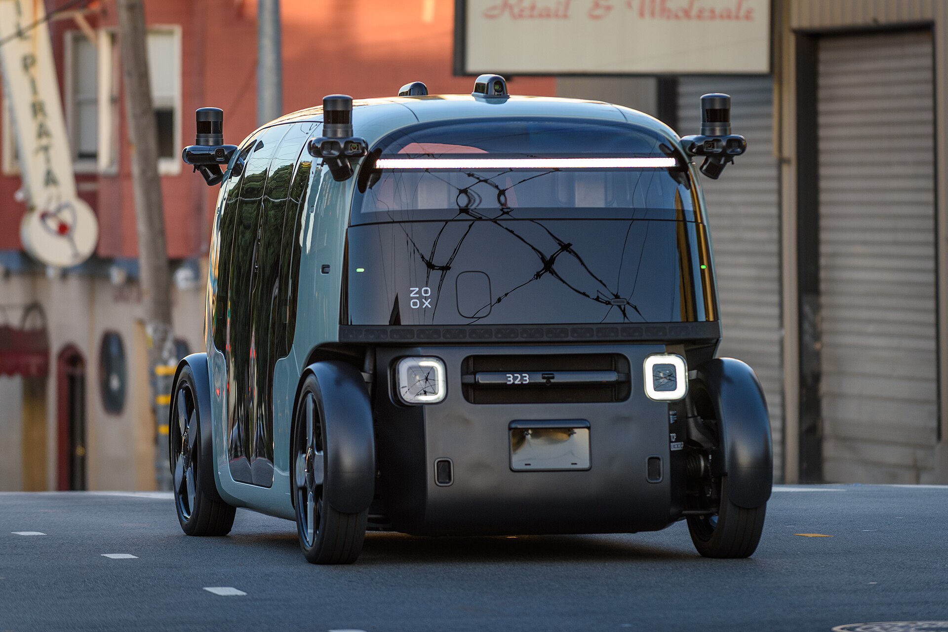 An Amazon Zoox driverless robotaxi on a city street